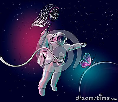 Cosmonaut is chasing a butterfly. Astronaut in space. Vector illustration. Vector Illustration